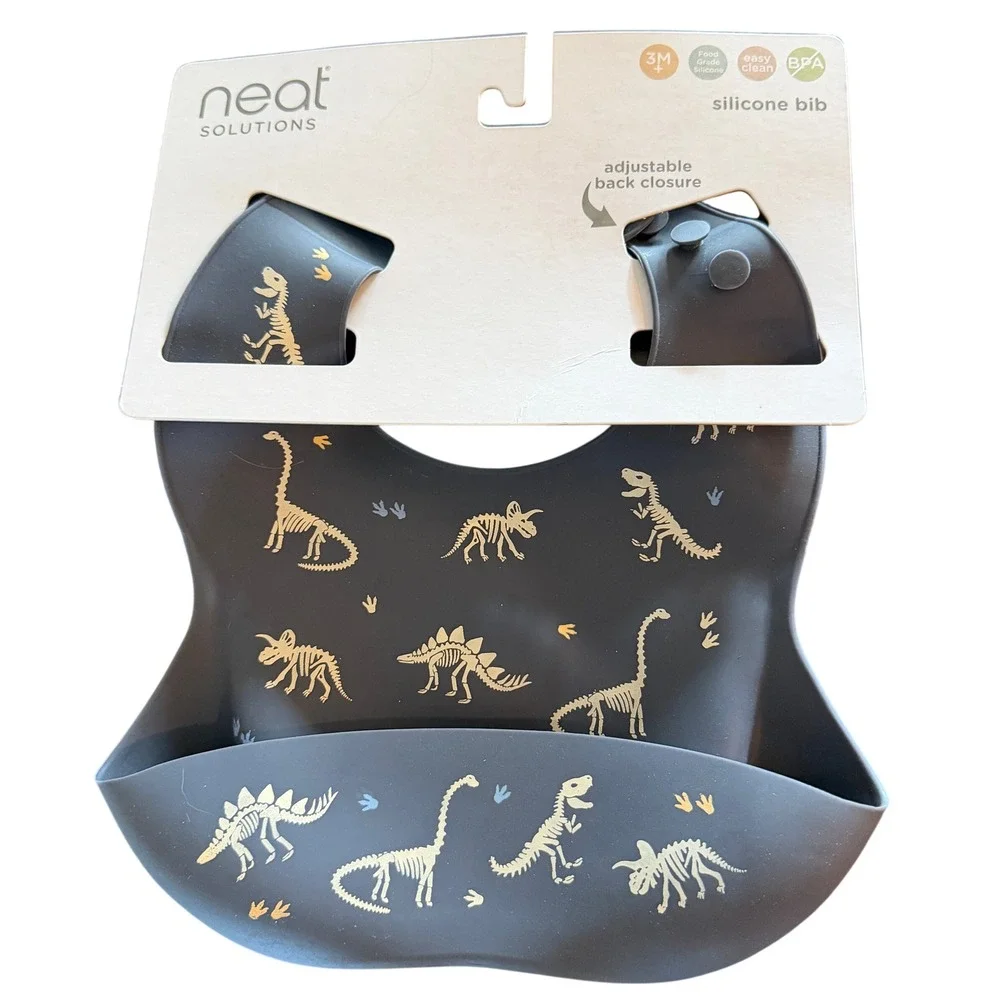 Neat Solutions Silicone Bib Gray Dinosaur Skeleton Print 3M+ BPA Free SC120W